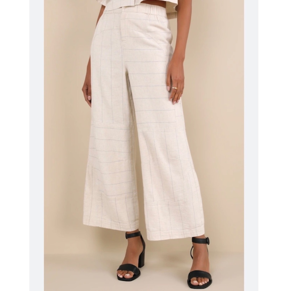 Lulus Enviably Breezy Beige Striped Seamed High-Rise Wide-Leg Pants NWT